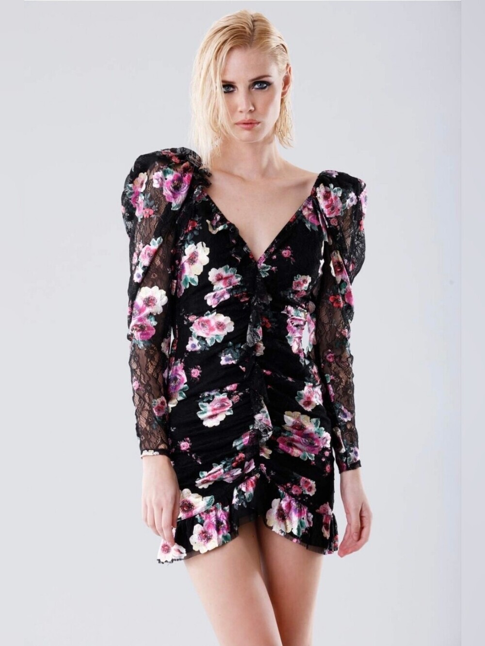 For Love And Lemons Black Floral Lace V-Neck Mini Dress Size L Dark Romantic